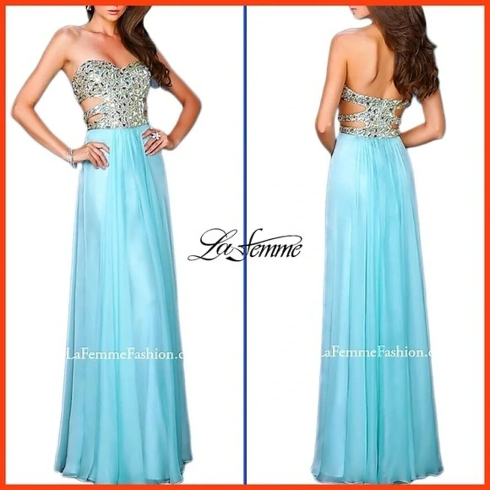 La Femme Blue Embellished Sequin & Gemstone Strapless Chiffon Dress Gown